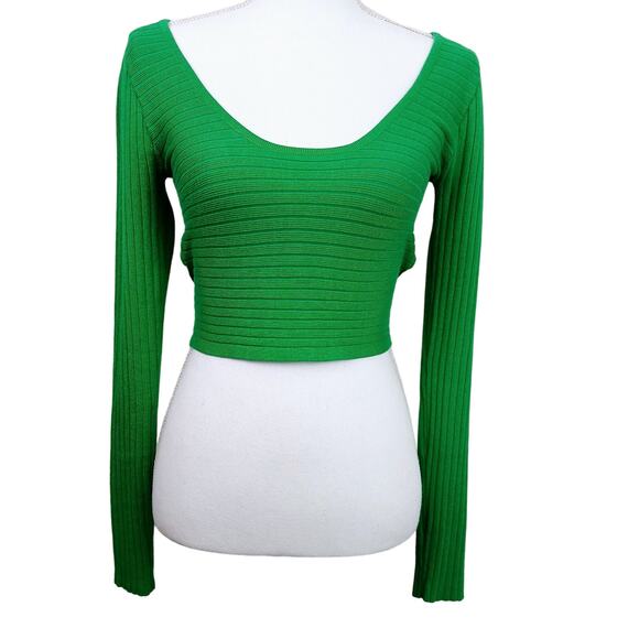 Superdown SZ M Kelly Green Ribbed Long Sleeve Sweater With Open Tie Back - Picture 3 of 7